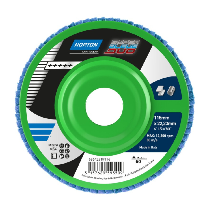 Flap Disc, 115x22, 60 Grit, Flat | Norton Super Blue Duo 63642519116